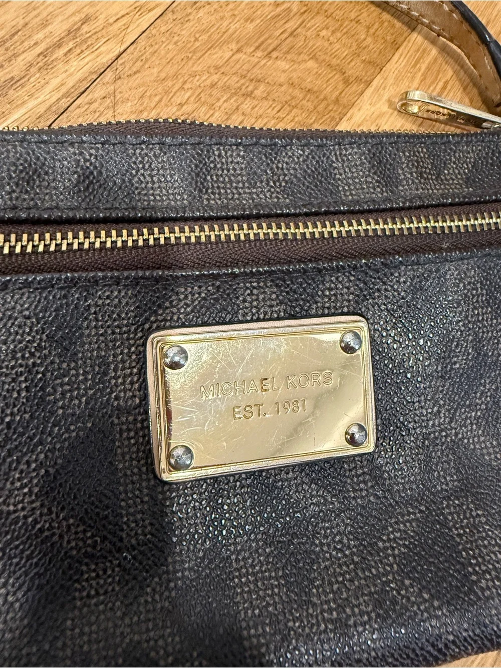 Michael Kors Dark Brown Signature Canvas Wristlet with Gold Hardware